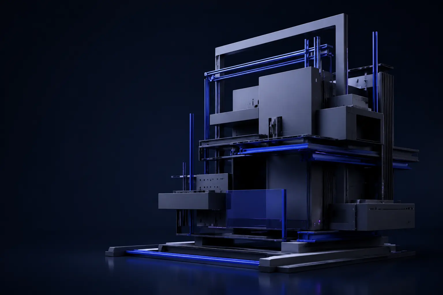 Abstrakte modulare Digitalarchitektur in dunklem Blau