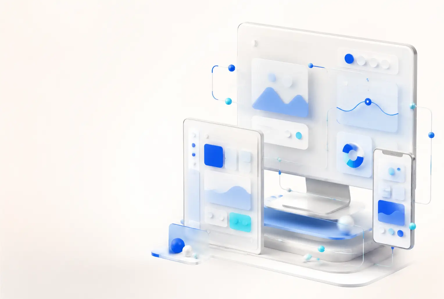 Helle 3D-Illustration einer Website auf Desktop, Tablet und Smartphone
